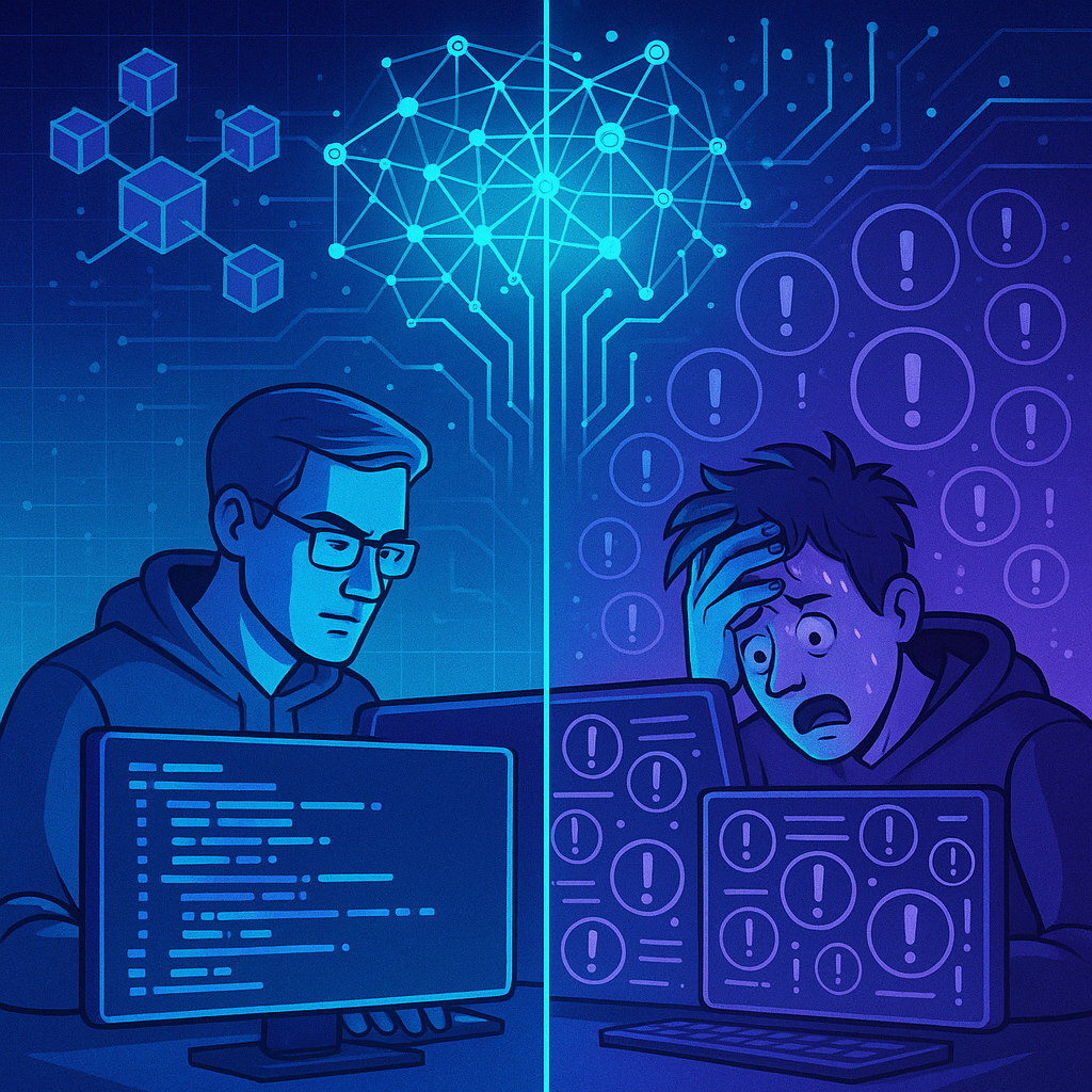 AI amplification effect showing expert auditor versus novice in smart contract auditing